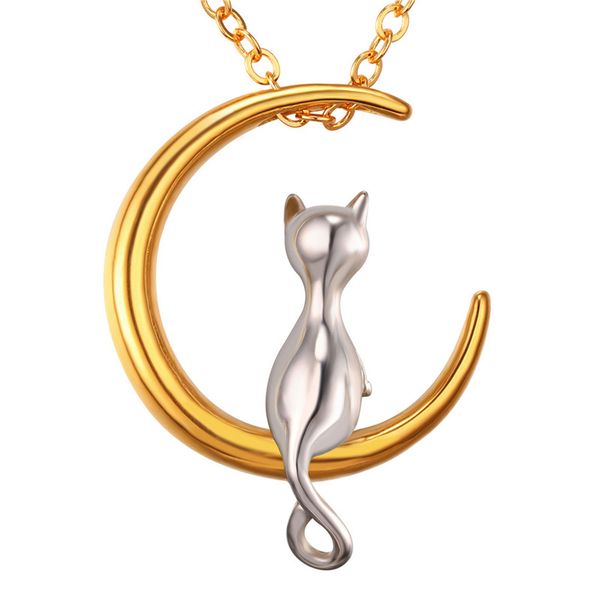 

18k real gold plated cute cat moon pendant necklace quality 316l stainless steel jewelry for women, Silver