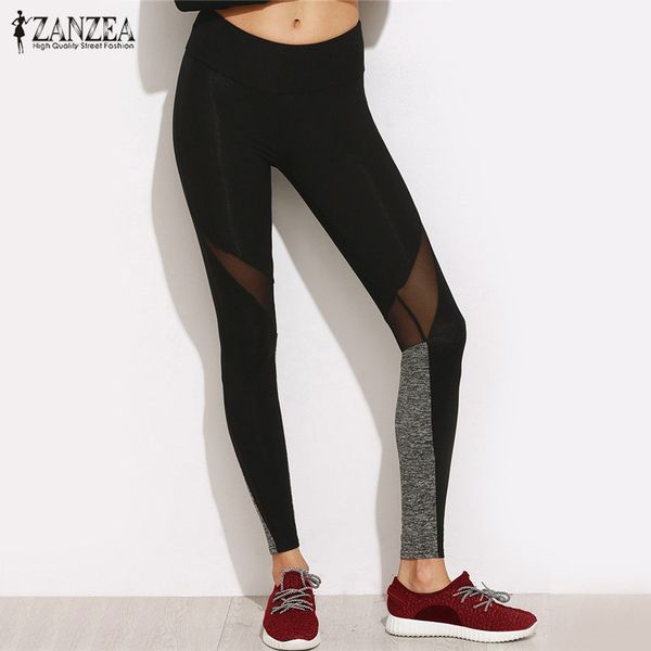 

wholesale- 2017 zanzea summer women casual leggings fitness plain elastic waist color block mesh insert pants leggings plus size trouses, Black
