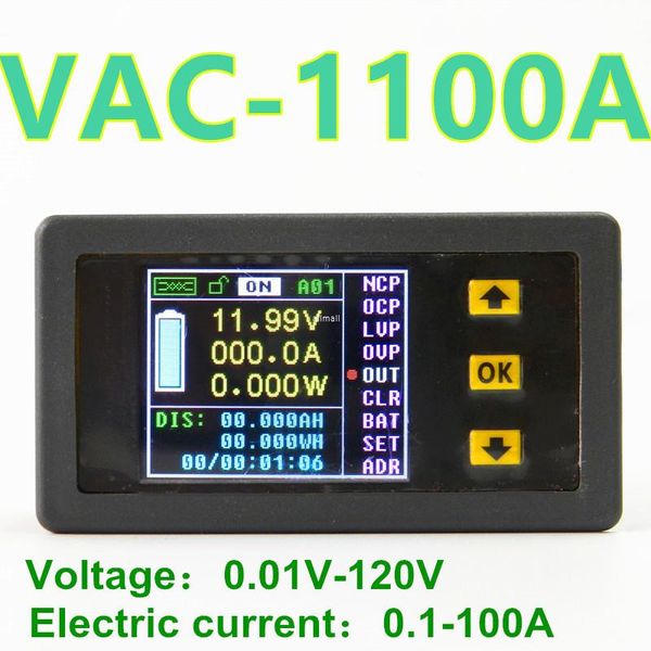 Freeshipping VAt1100A cor Sem Fio LCD medidor de tensão Wh tabela Coulomb Contador Para a capacidade de energia de tensão atual watts 100 V / 100A