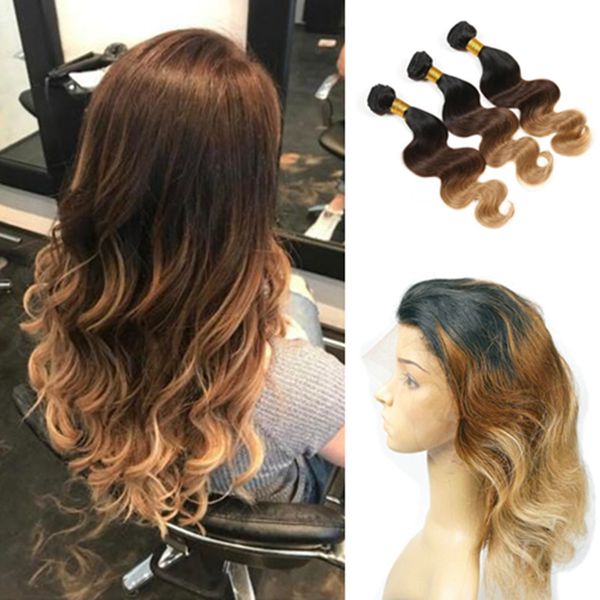 

three tone hair extensions with 360 lace band frontal closure 1b 4 27 honey blonde ombre body wave human hair weave with 3602364501, Black;brown