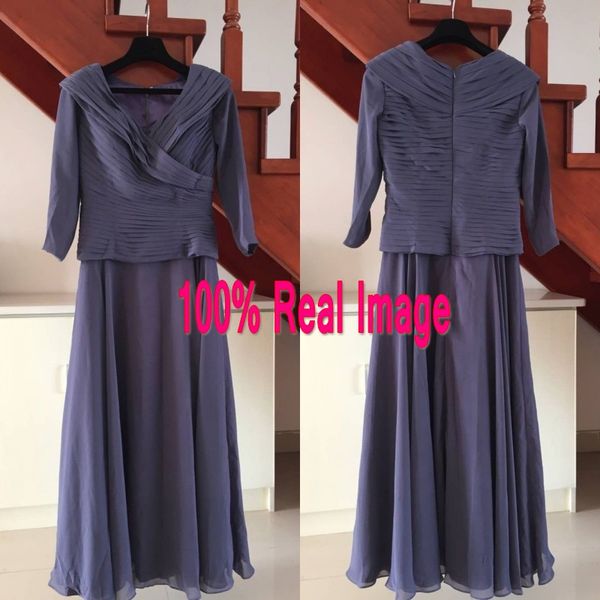 Real Image Bescheidenes Kleid für die Brautmutter mit Ärmeln, A-Linie, V-Ausschnitt, gerafftes Oberteil, Mutterkleider, knöchellang, Marineblau