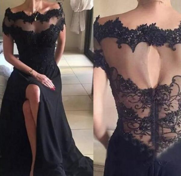 

2017 beaded lace prom dresses side split dress evening wear hollow back portrait neck a line prom gowns, Black