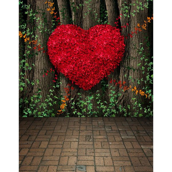 5x7ft Valentine Backgrounds Vinyl Big Coração Vermelho no Tronco de Árvore Verde Folhas Tijolo Chão Crianças Fotografia Fotografia Pano de Fundo Fantasia