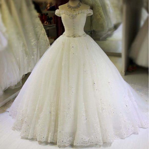 

beaded off shoulder tulle wedding dress with appliques lace up romantic wedding gowns floor length bridal dress, White