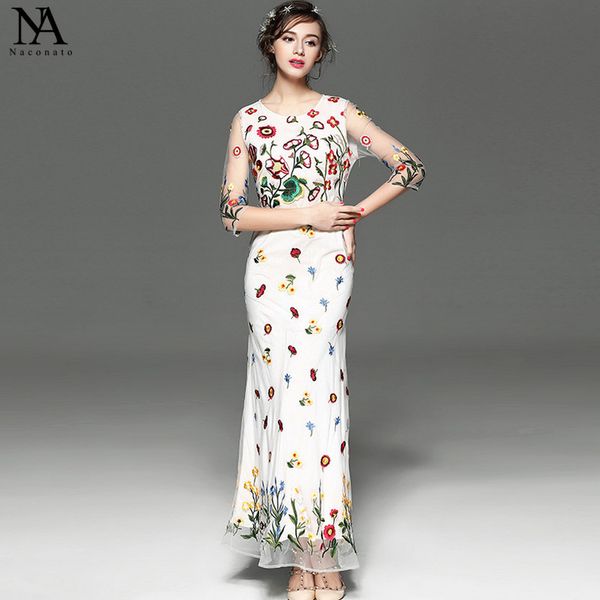 

women's o neck 3/4 sleeves embroidery elegant long runway dresses, Black