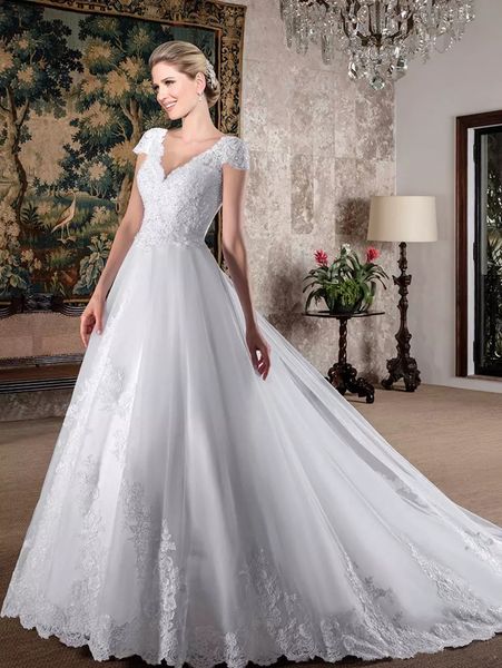 

custom lace appliques a line wedding dresses 2021 cap sleeve v neck backless bridal gowns vestidos de noiva, White