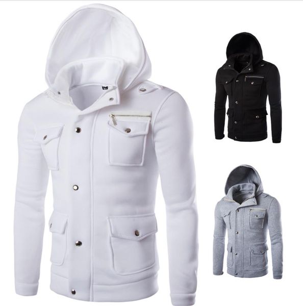 

hoodie hooded men solid color long sleeve more pockets design single breasted zipper epaulet casual fashion sport hoodies man ship, Black
