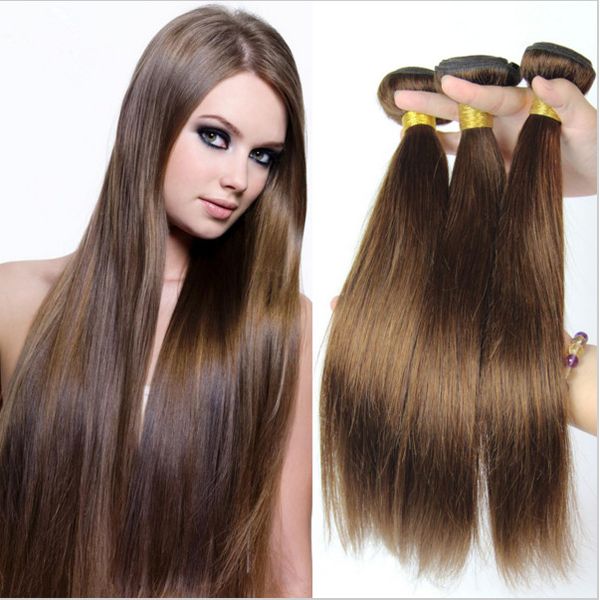 

brazilian virgin hair straight 3 bundles light chestnut brown human hair weaves color4 brown hair extensions, Black