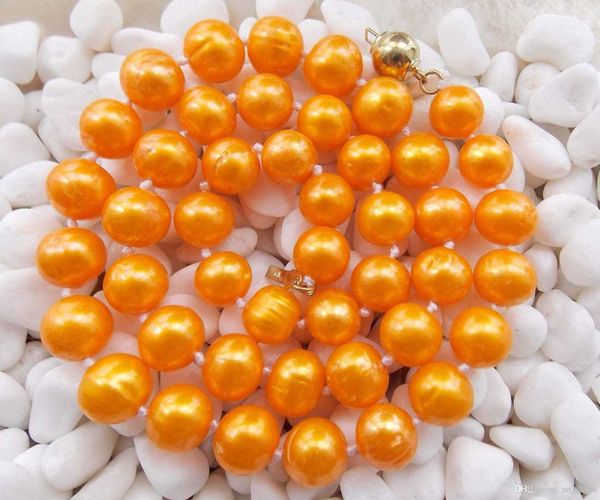 

m666 real 9-10mm yellow akoya cultured pearl necklace 18'' 14k solid gold clasp, Silver