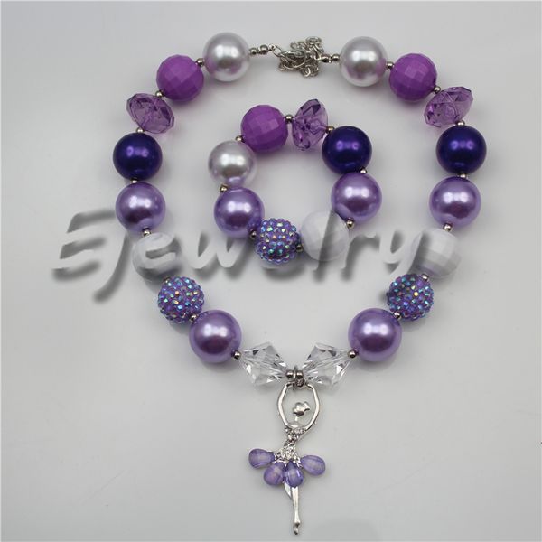 

fashion jewelry alloy purple ballet girl pendant necklace pearl&acrylic beads chunky bubblegum necklace &bracelet set cb753, Silver