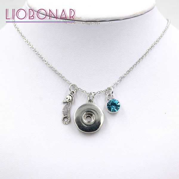 

wholesale personalized snap necklace gift crystal birthstone charm ocean animal sea horse pendant necklace fit on snap button jewelry, Silver