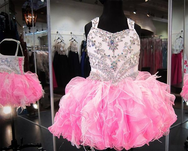 Kristallperlen glitzernde Cupcake-Festzug-Kleider, bauschiges Organza-Rüschenfeder-Rosa-Elfenbein-Ballkleid für Kleinkinder, kleine Mädchen, Geburtstagsparty-Kleid