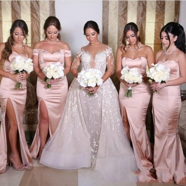

Elegant blu h pink long bride maid dre e weetheart neck mermaid atin maid of honor gown wedding gue t dre e with ide plit