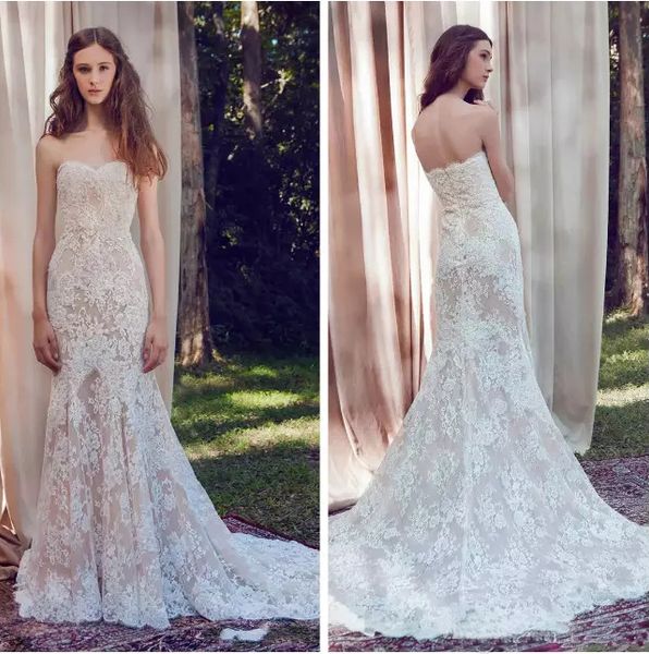 

new lavish lace mermaid wedding dresses 2018 appliqued sweetheart neck sweep train backless wedding bridal gowns, White