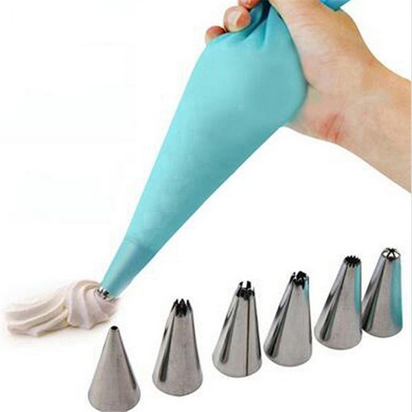 

silicone icing piping bag pastry cream + 6 x stainless steel nozzle set diy decoration tips for magdalena fondant sugarcraft pastries