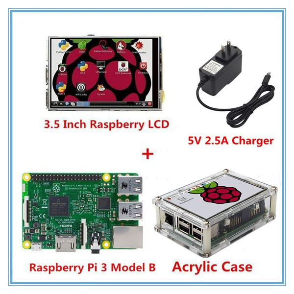 Freeshipping Raspberry Pi3 Modell B Board + 3,5-Zoll-LCD-Touchscreen-Display mit Stift + Acrylgehäuse + 5V 2,5A Netzteil-Ladegerät (EU ODER US)