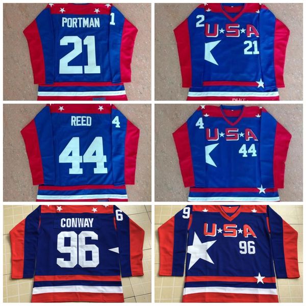 

Mighty Ducks D2 Movie Team USA Hockey Jersey 96 Charlie Conway 99 Adam Banks 21 Dean Portman 44 Reed 33 goldberg Hockey Jerseys