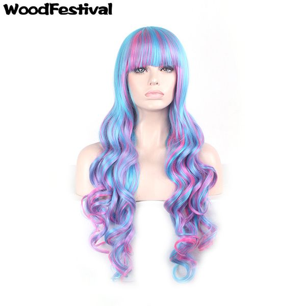 

woodfestival long curly wig ombre synthetic fiber hair wigs blue pink mix color lolita wig cosplay women bangs 80cm, Black