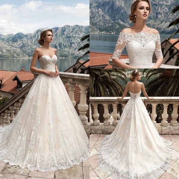

2019 vestidos de noiva wedding dress with detachable jacket floor length appliqued lace wedding gown custom made bridal gowns, White