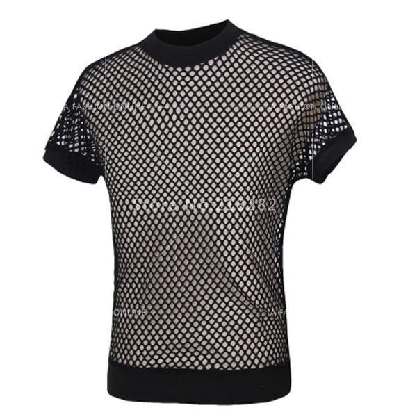 

wholesale- salesnew fashion men' black fishnet transparent mens t-shirts net mesh gay see-thru funny shirt undershirt, White;black