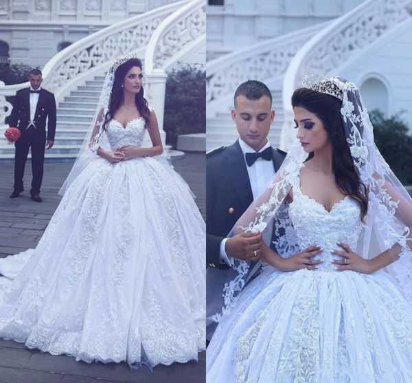 

2020 saudi arabia ball gown wedding dresses sweetheart cap sleeves lace appliques crystal beaded plus size court train formal bridal gowns, White