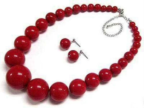 

beautiful 7-15mm red coral round beads necklace earrings set 18", Silver