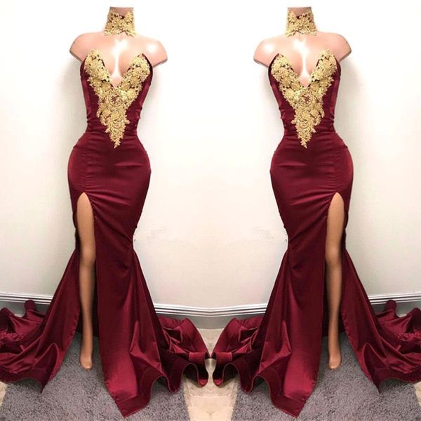 

2019 new arabic burgundy prom dresses evening wear gold lace appliqued mermaid front split 2k19 elegant formal party gowns, Black;red