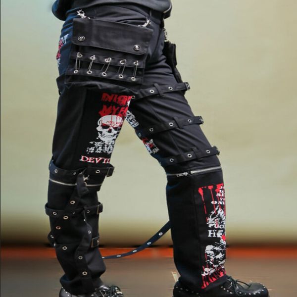 

wholesale- spring male brand new mens trouses buckle cool gothic strap punk skull print fashion pants black size