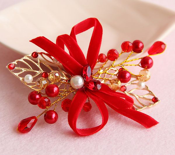 

wedding bridal bridesmaid handmade gold leaf headdress red pearl crystal hair band hairpin 2pc/lot headdress fashion hair jewelry accessorie, Silver