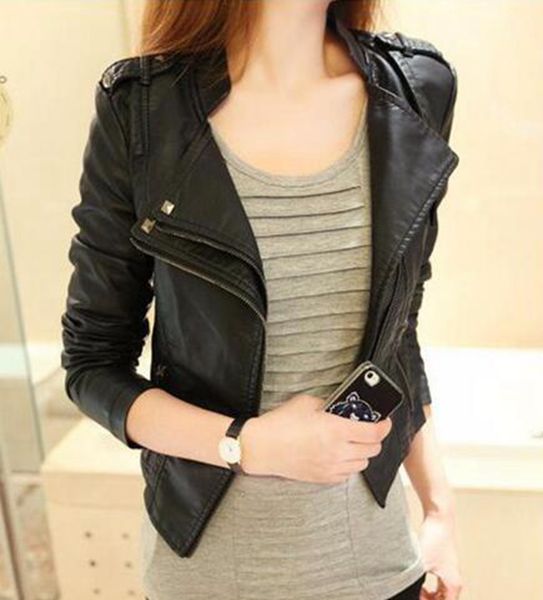 

women qiu dong han edition business english new fashion boutique personality big yards of locomotive leather coat / s-3xl, Black