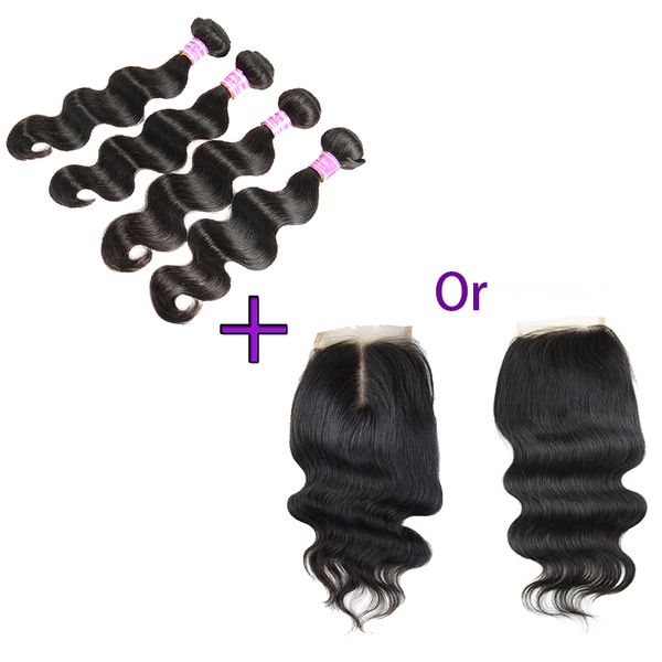 Capelli umani brasiliani 4 pacchi con chiusura 100% non trasformati 8A capelli vergini dell'onda del corpo offerte di pacchetti all'ingrosso estensioni dei capelli umani di Remy