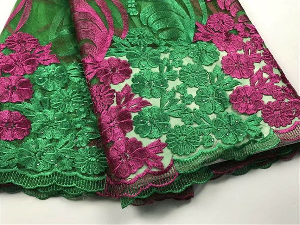 5 Metros / pc Maravilhoso projeto flor verde e fúcsia francês net lace bordado tecido de renda de malha africano para o vestido CF3-2