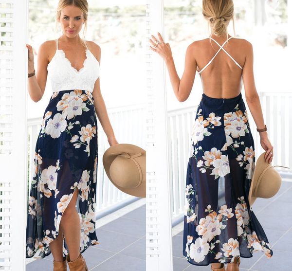 

2017 summer bohemian maxi casual dresses for women chiffon flora printed ladies holiday clothes white lace v-neck criss-cross backless dress, Black;gray