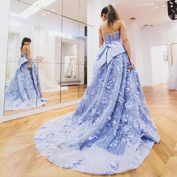 Impressionante Azul Pálido Vestidos de Baile 3D Apliques Querida Fahsion Big Bowl Celebridade Vestido de Noite Vestidos de 2017 Custom Made Formal Vestido de Festa