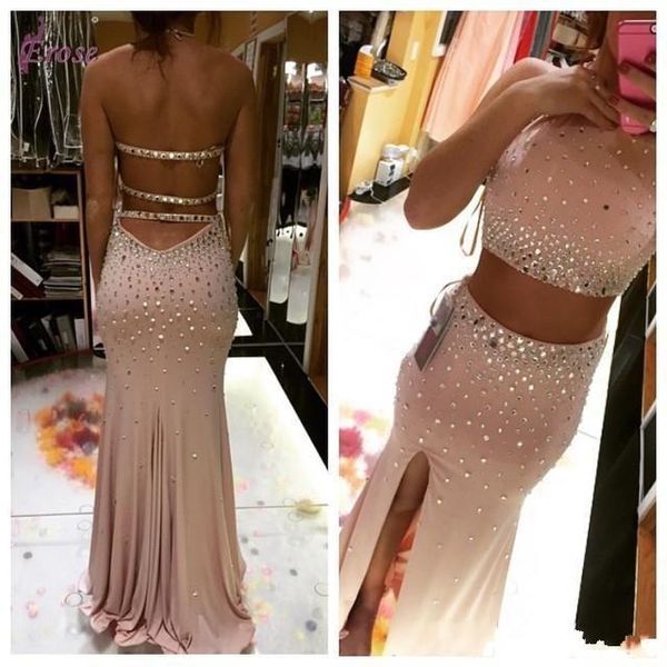 

two pieces light pink crystal prom dresses halter neck 2 piece graduation party dress side split evening dresses backless straps prom gowns, Black