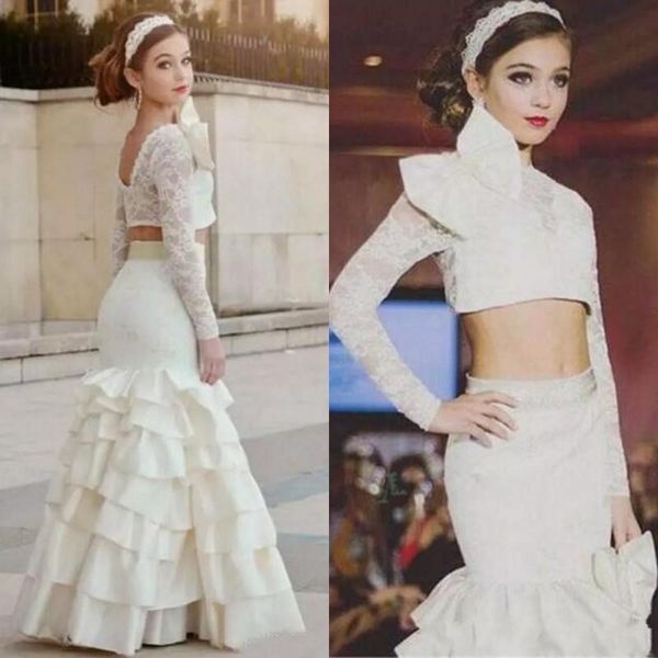 

two pieces mermaid pageant dresses for teens with bow tiered satin skirt lace mermaid kids birthday dress long sleeves flower girl dress, White;red