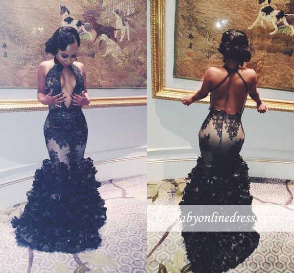 

2018 New Sexy Black Halter Floral Mermaid Prom Dresses Sexy Backless Prom 2K17 Tulle Appliques 3D Flowers Floor Length Party Evening Dresses