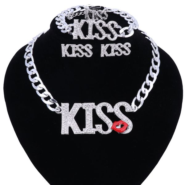 

fashion initial letter kiss bling crystal pendants party gift necklace bracelet earring ring silver jewelry setss, Black