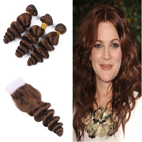 Dark Brown 4 Loose Wave Hair Weaves 3 Bundles With Lace Closure