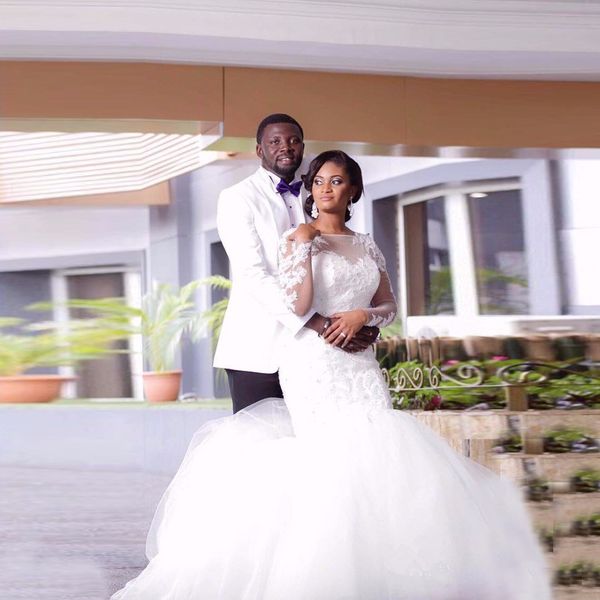 

vestidos de novia 2017 latest design african plus size wedding dresses scoop long sleeve lace mermaid wedding gowns bride dress, White