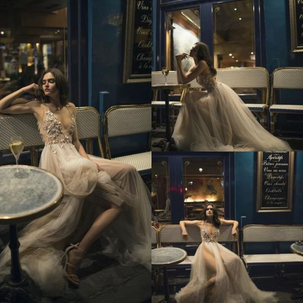 

liz martinez wedding dresses deep v-neck high slits bridal gowns nude tulle a-line appliqued wedding dress, White