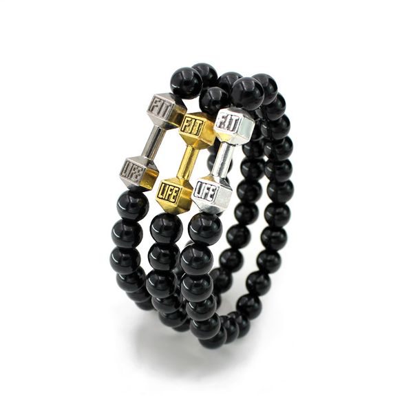 

wholesale-charm dumbbell bracelets for women men jewelry new arrival black bead fitness fit life prayer barbell buddha bracelet handmade, Golden;silver