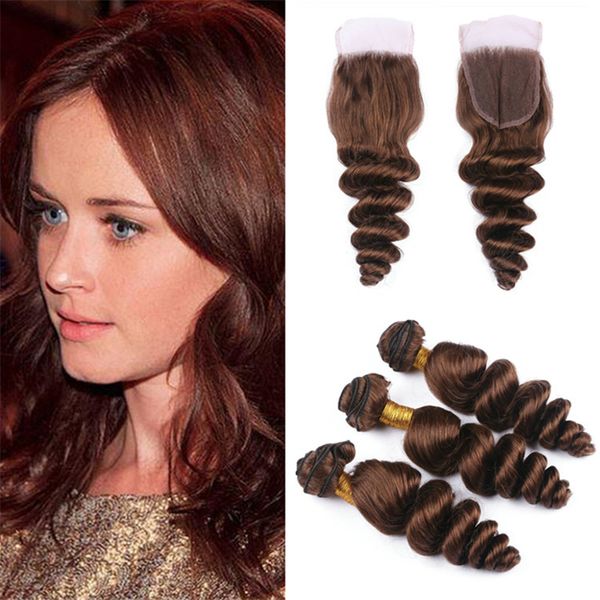 2020 Indian Loose Wave Medium Brown Hair Bundles With Lace Closure