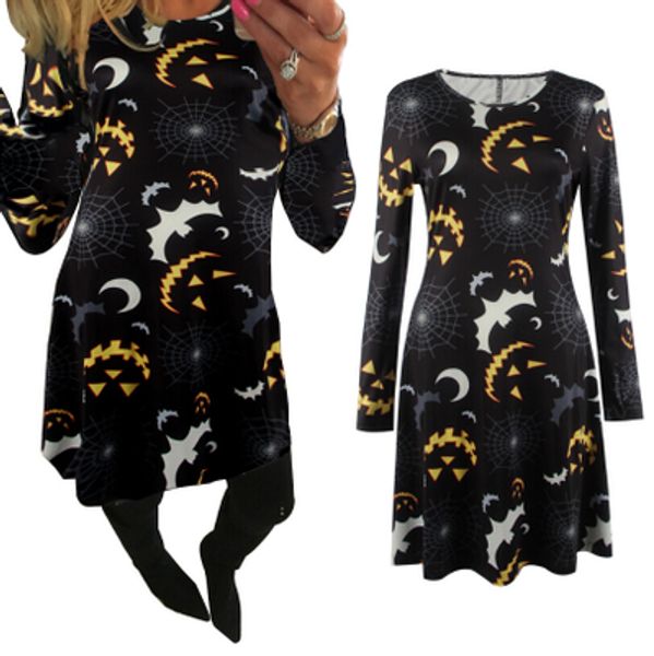 

Halloween Flora Printed Dress Party Bodycon Dress Ladies Autumn Crew Neck Long Sleeve Slim Knee Dresses