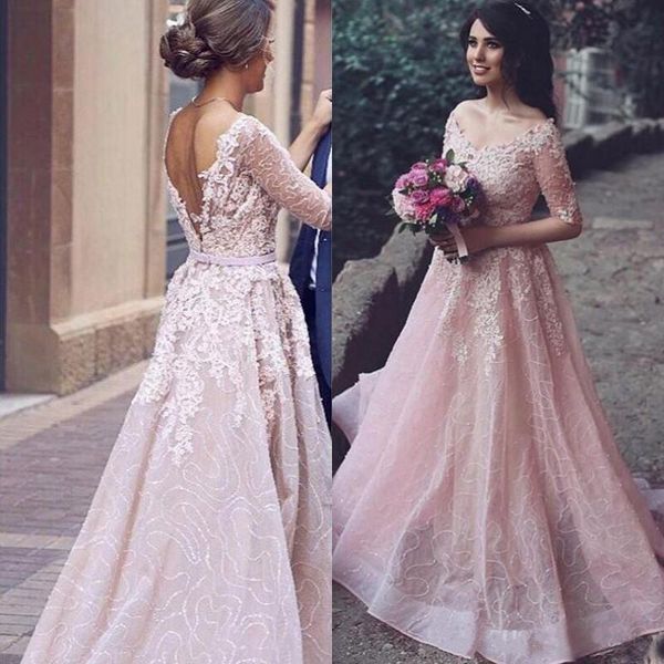 

gorgeous plus size prom dresses 2017 v neck half sleeves floor length appliques lace blush prom dress pink evening gowns, Black
