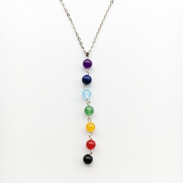 

natural lava stone colorful necklace 7 chakra beads yoga pendant jewelry for women men fashion accessories, Silver