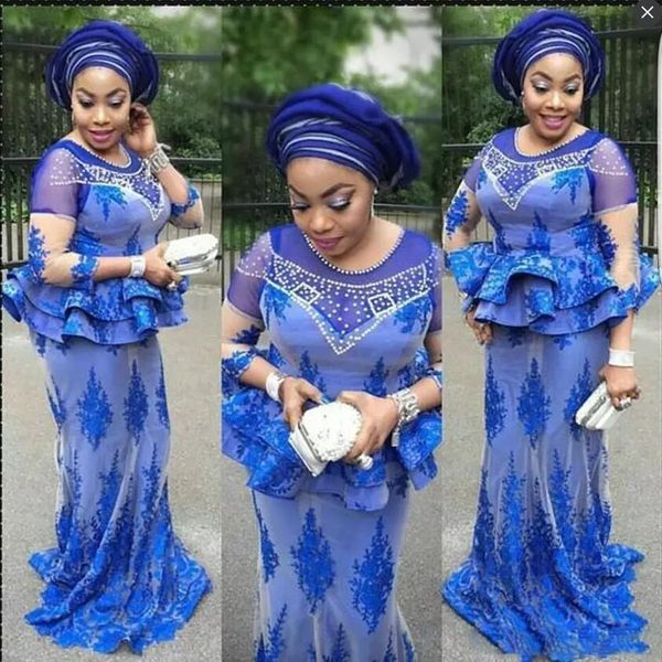 Royal Blue Sereia Prom Vestidos Aso Ebi Plus Size Lace Appliques PePlum Vestidos de Noite Manga Comprida Vestido Formal Festa Personalizado