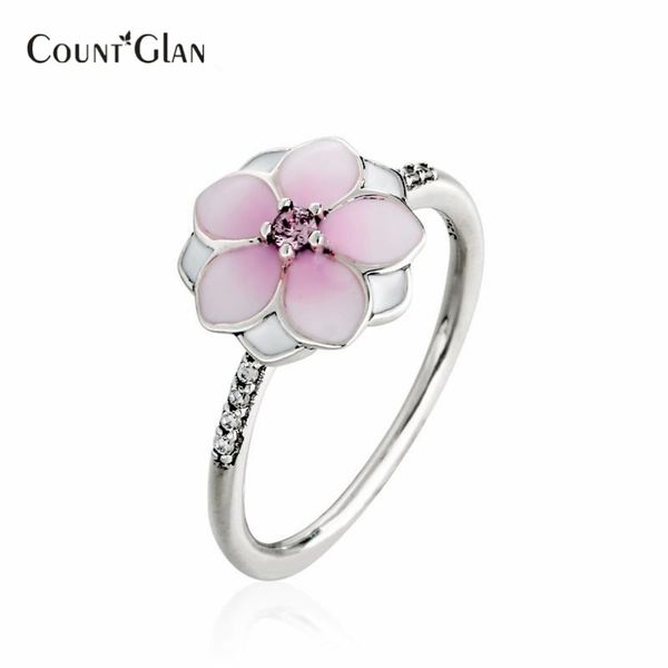 

2017 spring new pale cerise enamel & cz magnolia bloom ring 100% 925 sterling silver flower rings for women fine jewelry, Slivery;golden