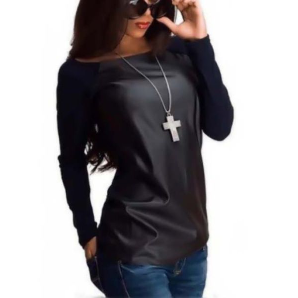 

wholesale- women long sleeve crew neck t-shirt pu leather slim fit s-xl hot, White