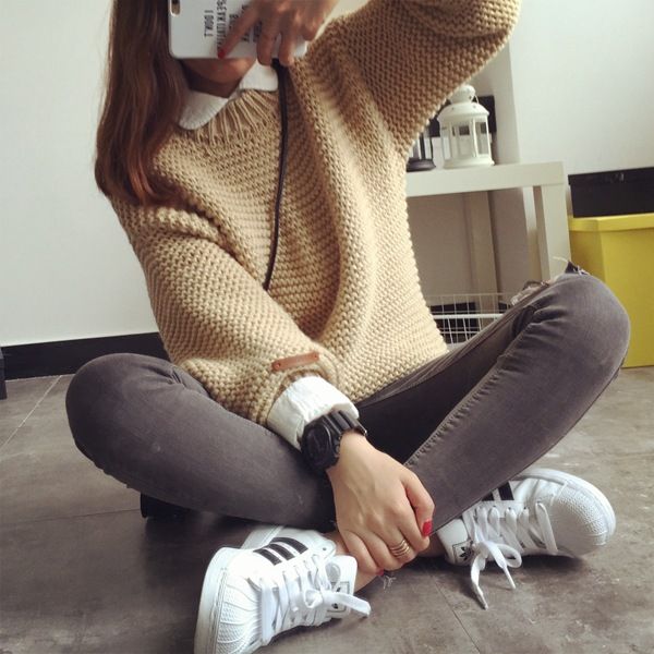 

wholesale-brand fashion 2015 women sweater autumn weaving solid kintted pullovers casual long sleeve outwear, White;black